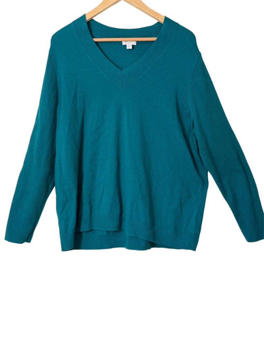 J.Jill V-Neck Deep Green Ribbed Trim Cotton Blend Long Sleeve Knit Sweater 2X
